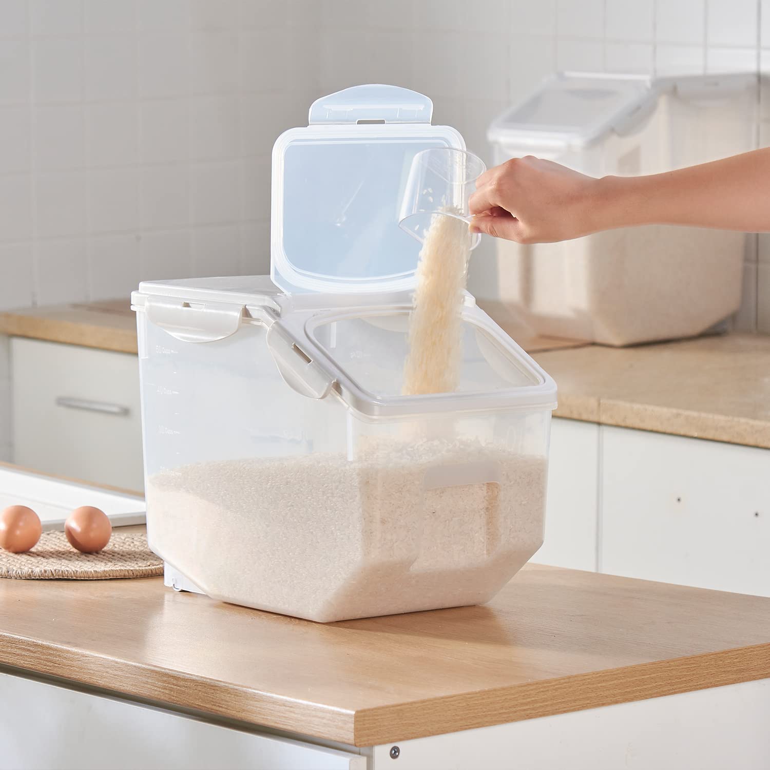 Hanamya 15 Liter / 30 Lbs Rice Storage Container With Measuring Cup, Bpa Free, For Rice | Grain | Pet Food | Flour, 2 Counts, Cl