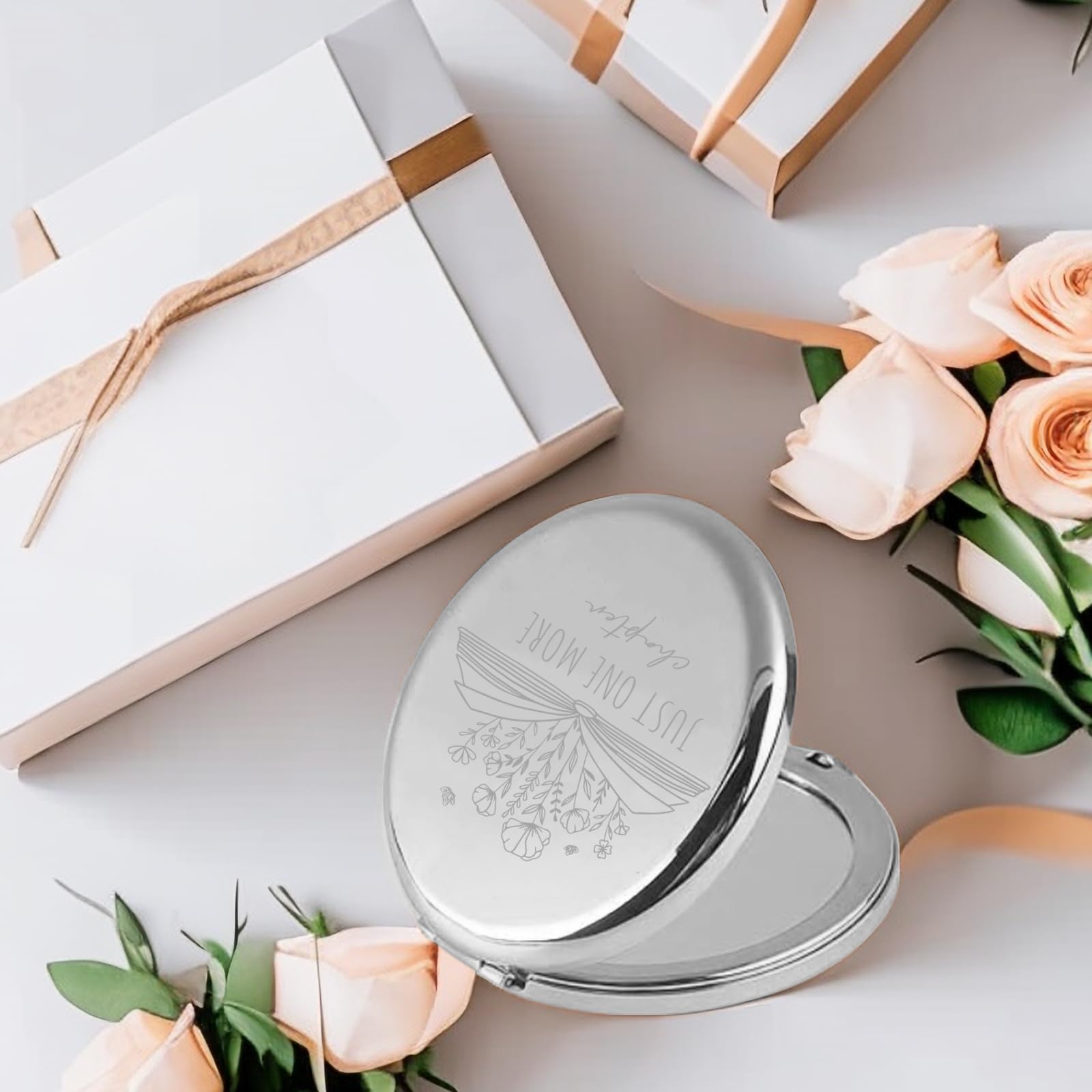 Kasuwow Compact Mirror for Book Lovers, Stainless Steel, 2.6" x 2.6", Perfect Gift for Librarians and Readers