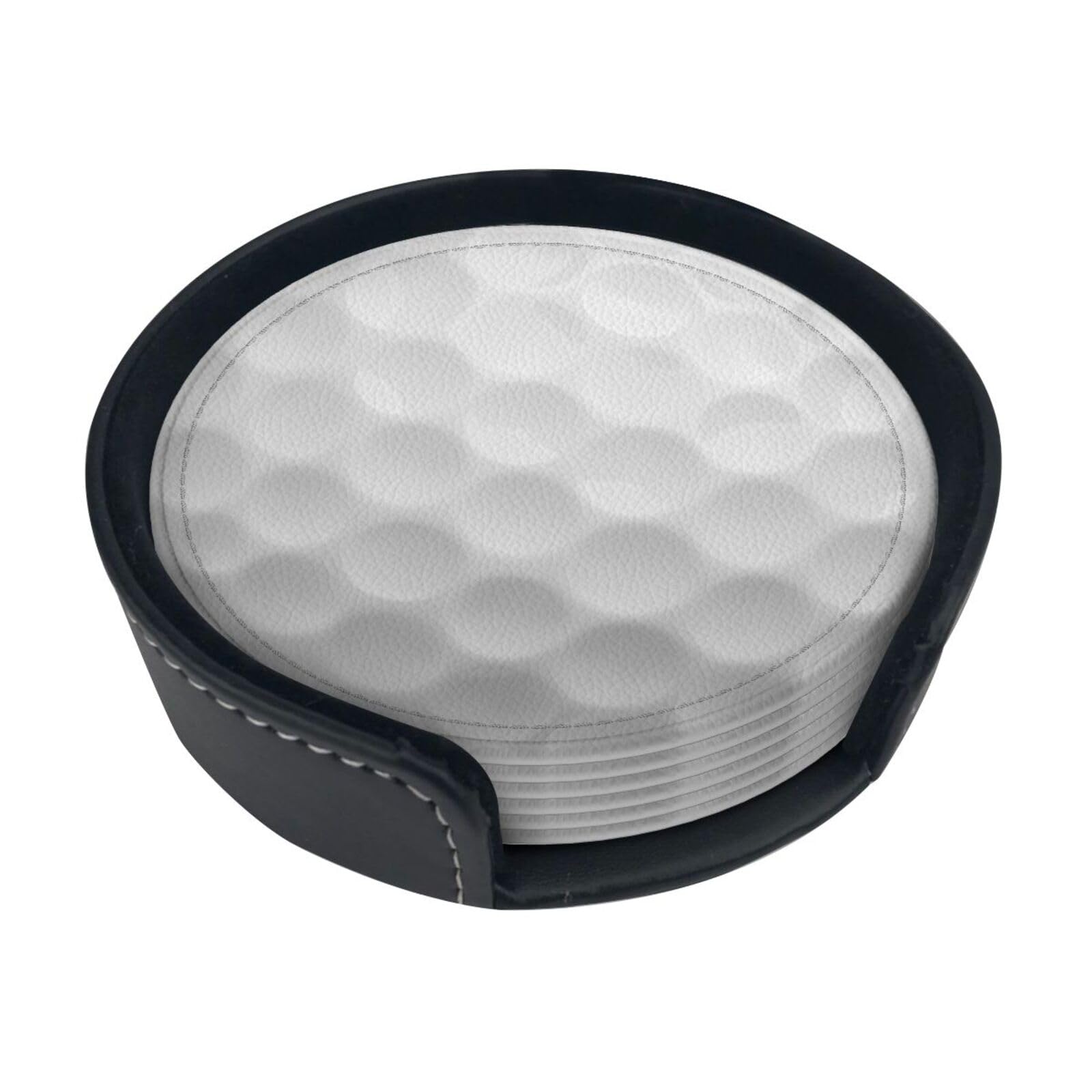 White Golf Ball Coasters For Drinks With Holder, Leather Coasters Set Of 6, Round Cups Mugs Mat Pad For Home Kitchen