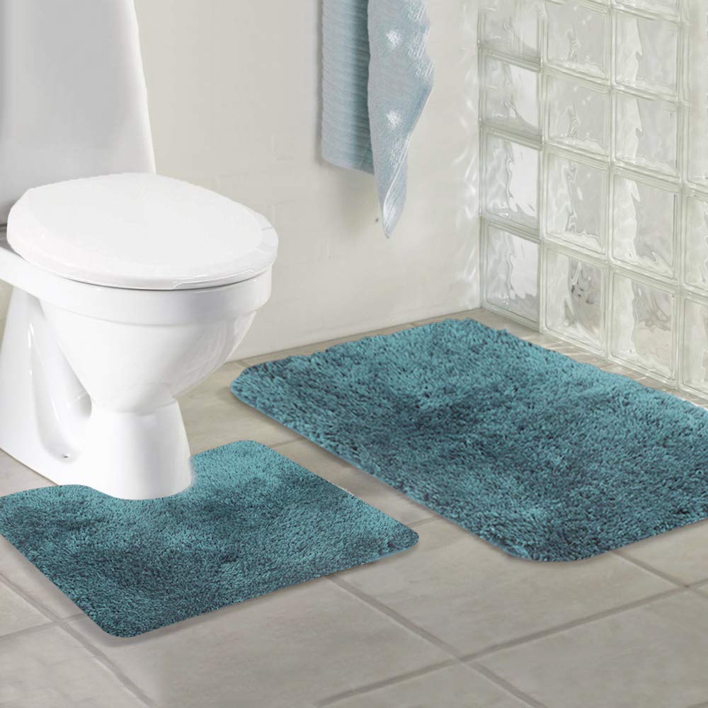 Walensee Shaggy 2 Piece Bath Rug Sets (Teal) 20 X 24 U Shape Contour Rug & 20 X 32 Bathroom Rug Machine Wash/Dry Bath Mats For B