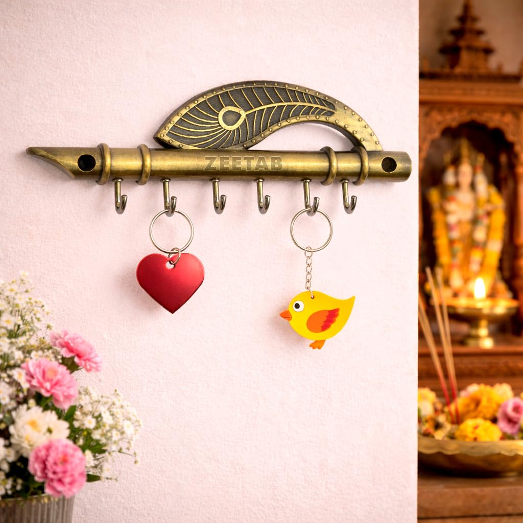 Zeetab Antique Lord Krishna Key Holder & Hanger, Flute Key Stand with Peacock Quills & Royal Art Brass 6 Hook Wall Mount, Home D