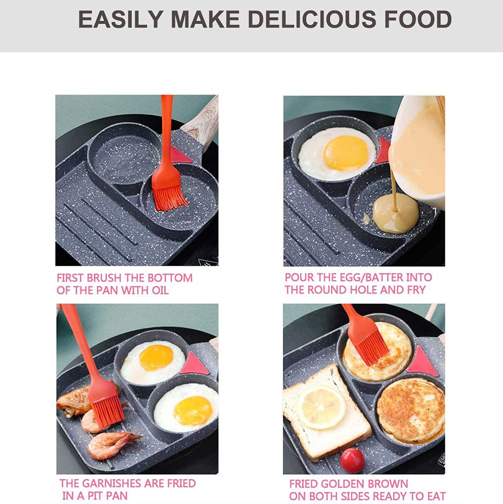 Justup Nonstick Egg Frying Pan, 3-In-1 Nonstick Pan Divided Grill Frying Pan, Heat Resistant Handle 3 Section Skillet Mini Panca