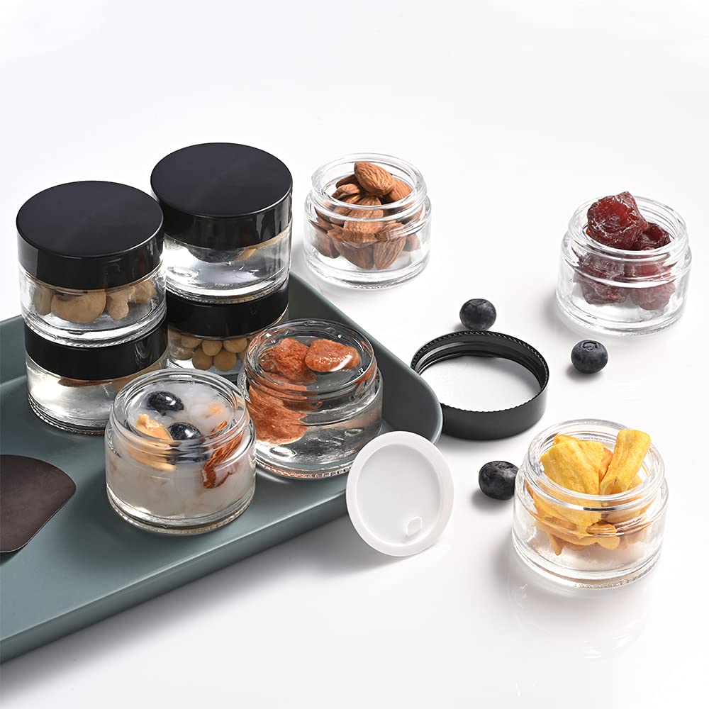 48 Pack, 1 Oz Small Glass Jars Empty Leak Proof Round Clear Canning Jars With Black Lids, White Labels & Inner Liners, Mini Cosm