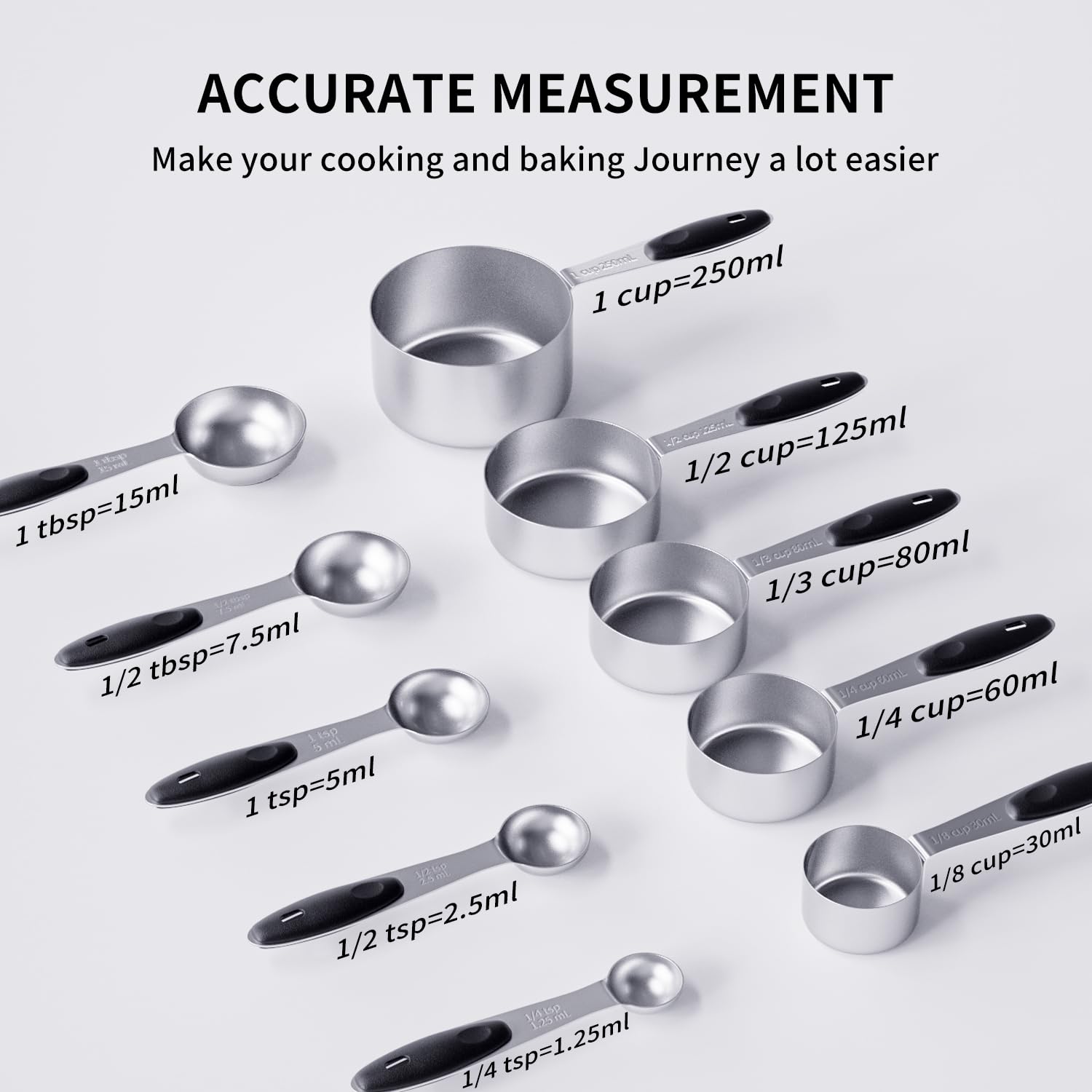 Enloy Stainless Steel Measuring Cups And Spoons Set Of 10 Piece, Soft Silicone Handles And Clearly Scale, Nesting Liquid Measuri