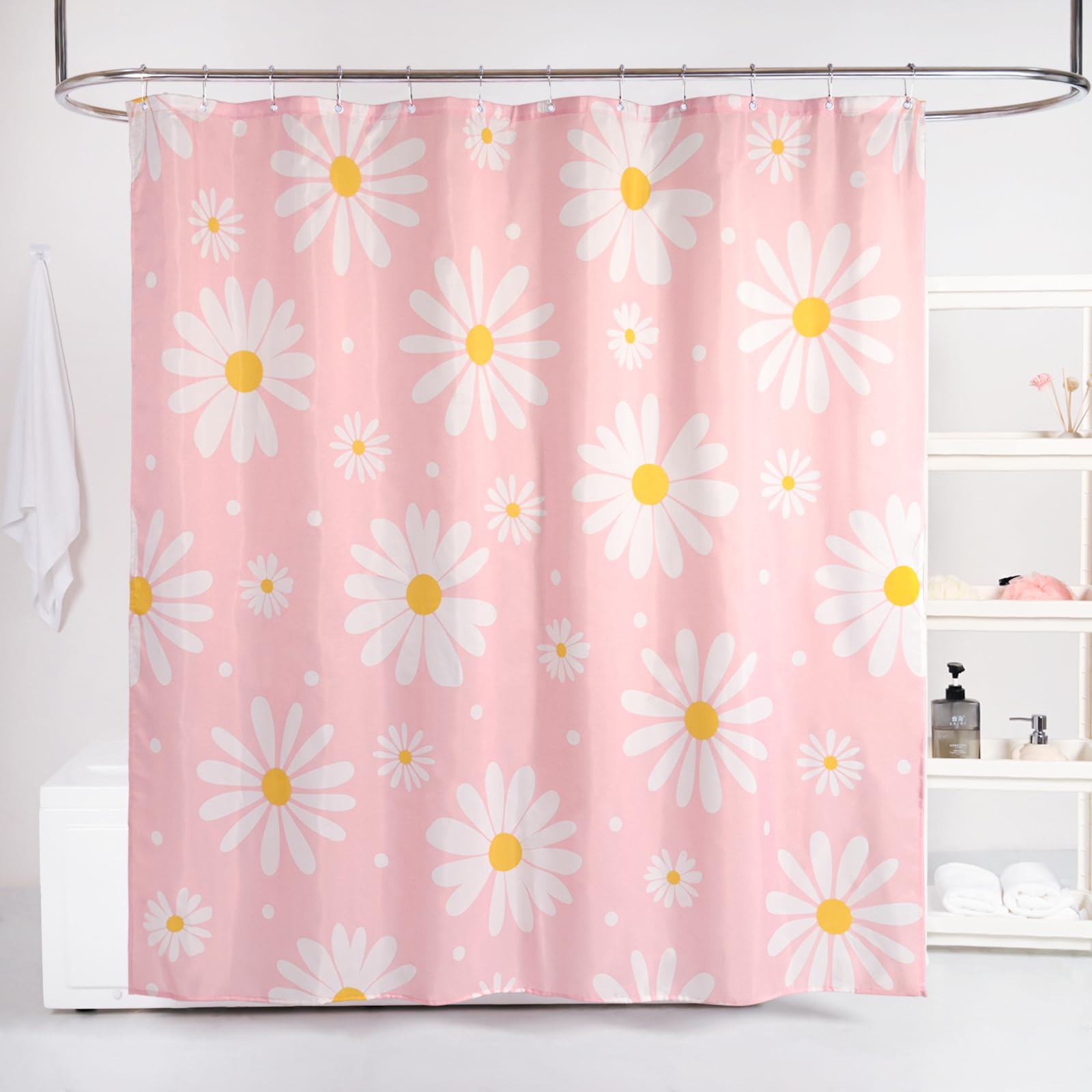 QJHOMO Pink Floral Shower Curtain Set Cute Daisy Bathroom Curtain, Washable Waterproof Fabric Small Stall Shower Curtains with 6