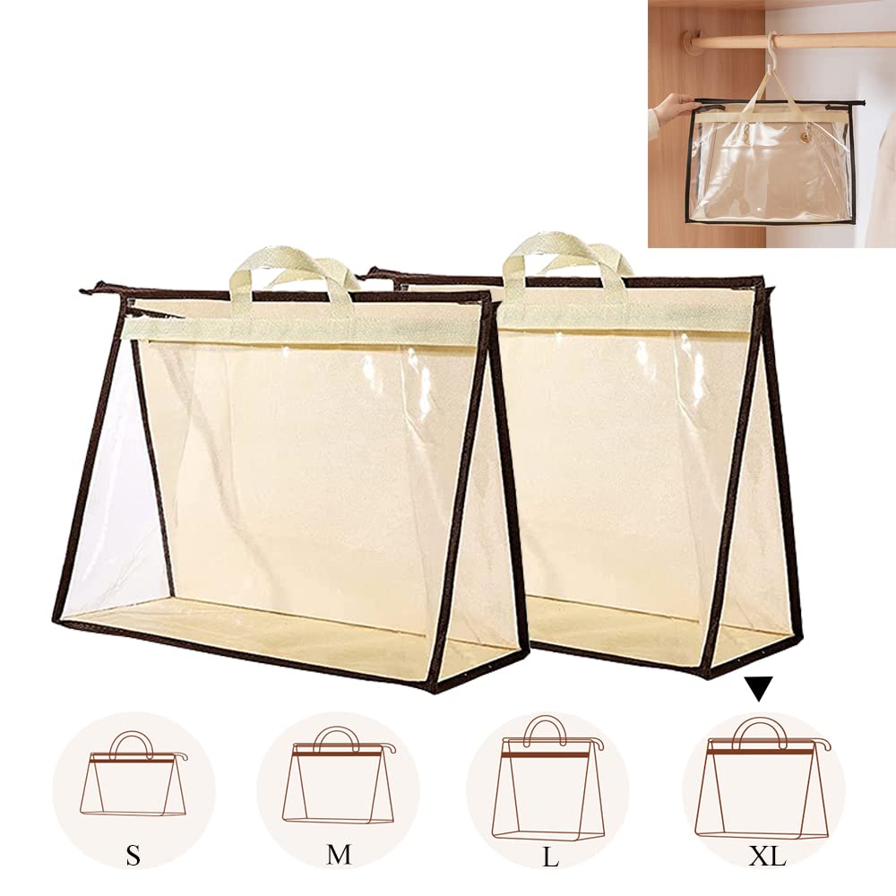 Fazhongfa 2Pcs Dust Bags For Handbags Clear Purse Storage Organizer Non-Woven Hanging Bag Closet With Zipper And Handle (X-Large