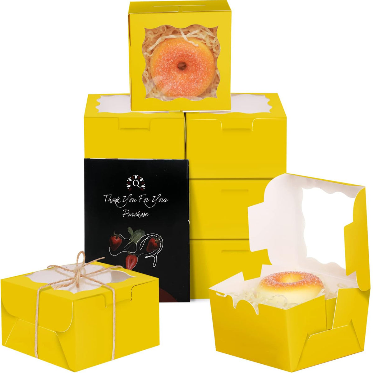 Qiqee Yellow Bakery Boxes With Window 55Pcs 4X4X2.5 Mini Cookie Boxes Macaron Boxes Small Donut Pastry Boxes For Party
