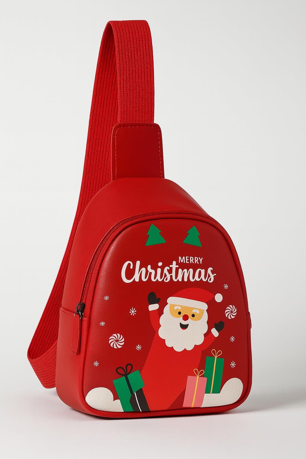 Le Delite Christmas Sling Backpack For Kids, Red Festive Santa Design Theme Small Chestbag Adjustable Shoulder Strap, 17X13X6.5 