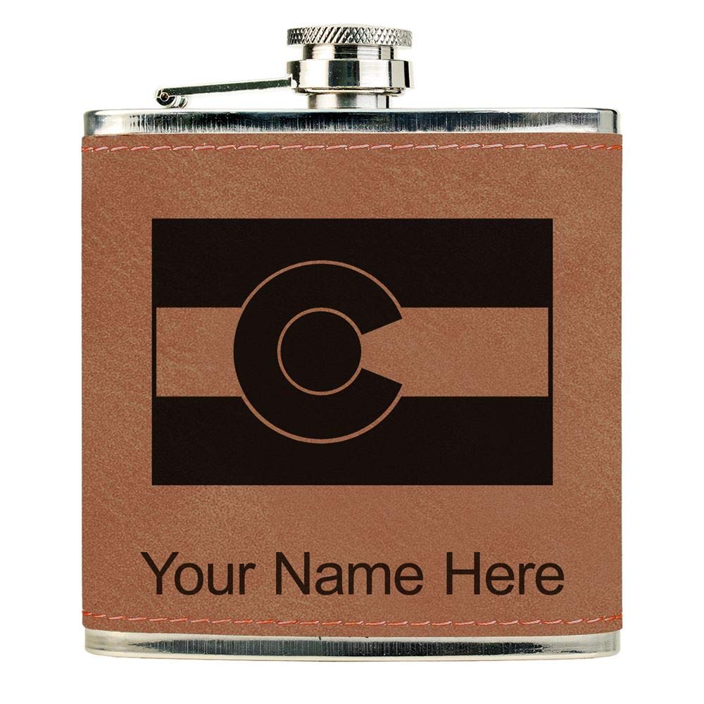 Faux Leather Flask, Flag of Colorado, Personalized Engraving Included (Dark Brown)