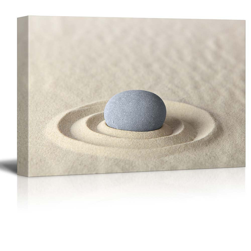 Wall26 - A Solitary Stone In A Zen Rock Garden With Formed Ripples - Canvas Art Home Art - 32X48 Inches