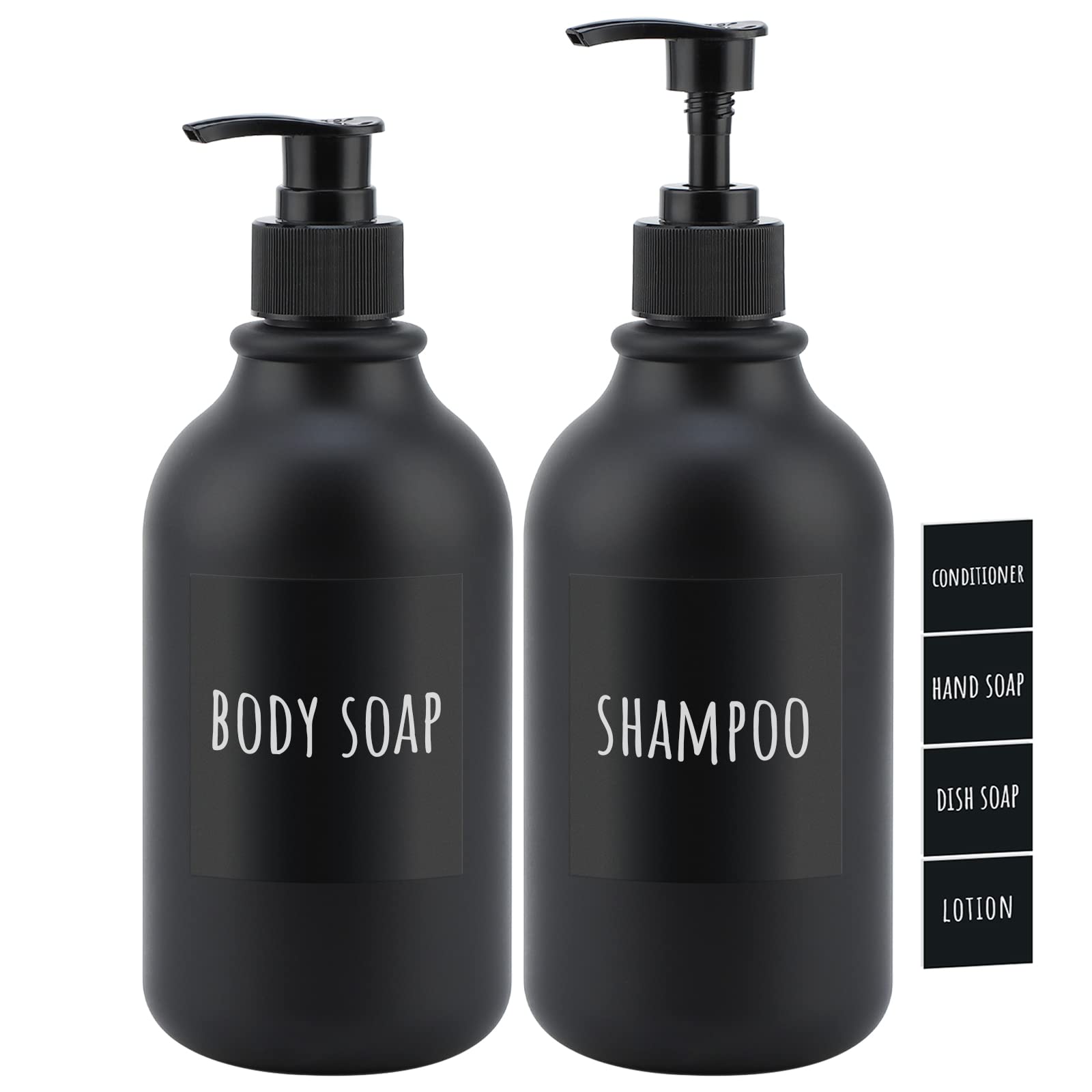 Segbeauty Matte Black Shampoo Dispenser, 2Pcs 16.9Oz Empty Refillable Pump Bottle With Labels, 500Ml Plastic Press Lotion Dispen
