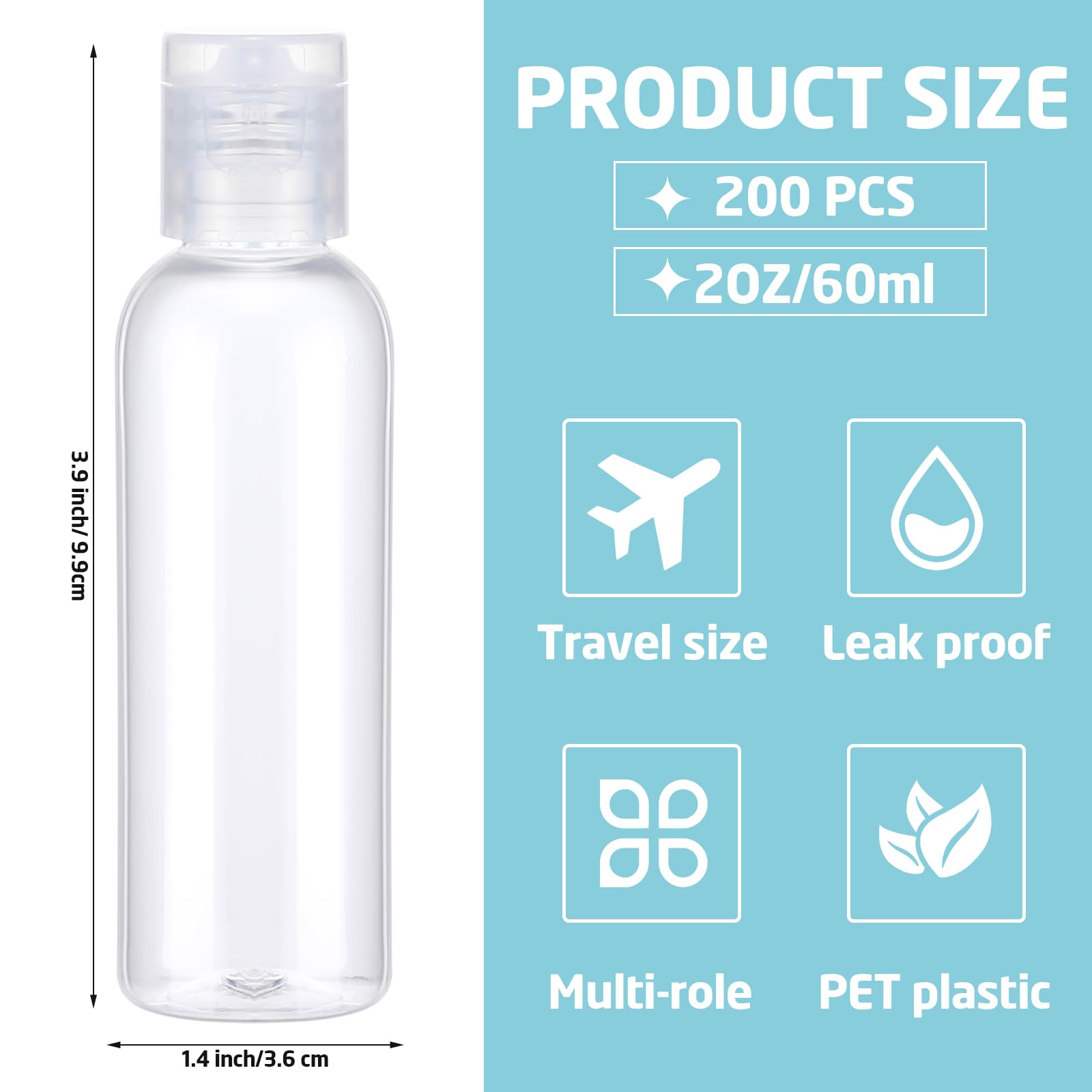 Zhehao 200 Pcs 2 Oz Clear Plastic Empty Bottles Small Travel Size Bottles With Flip Cap Empty Transparent Dispenser Container Fo