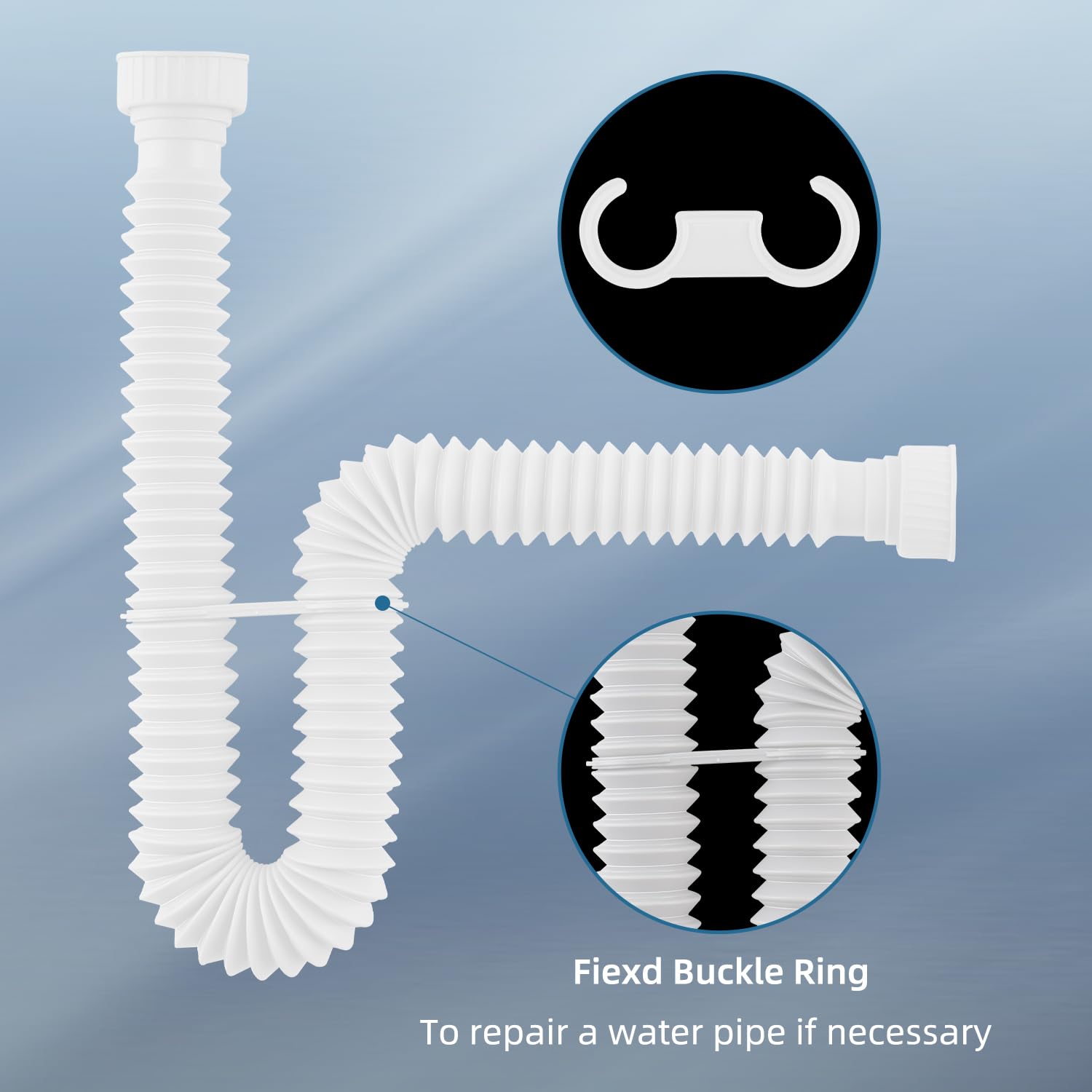 iFealClear P-Trap Pipe - Flexible Sink Drain with 4 Sealing Rings, 11"-34.5" Expandable, White Plastic