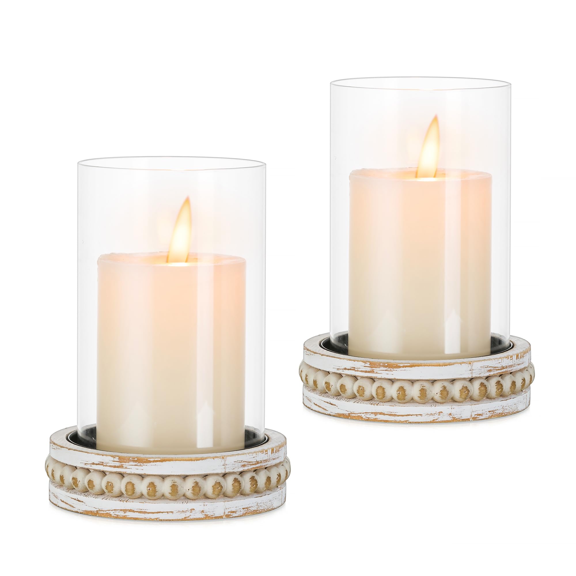 Glasseam Hurricane Glass Candle Holders, Rustic Pillar Candle Holder Set of 2, Farmhouse Candle Holders for Table, Cylinder Cand