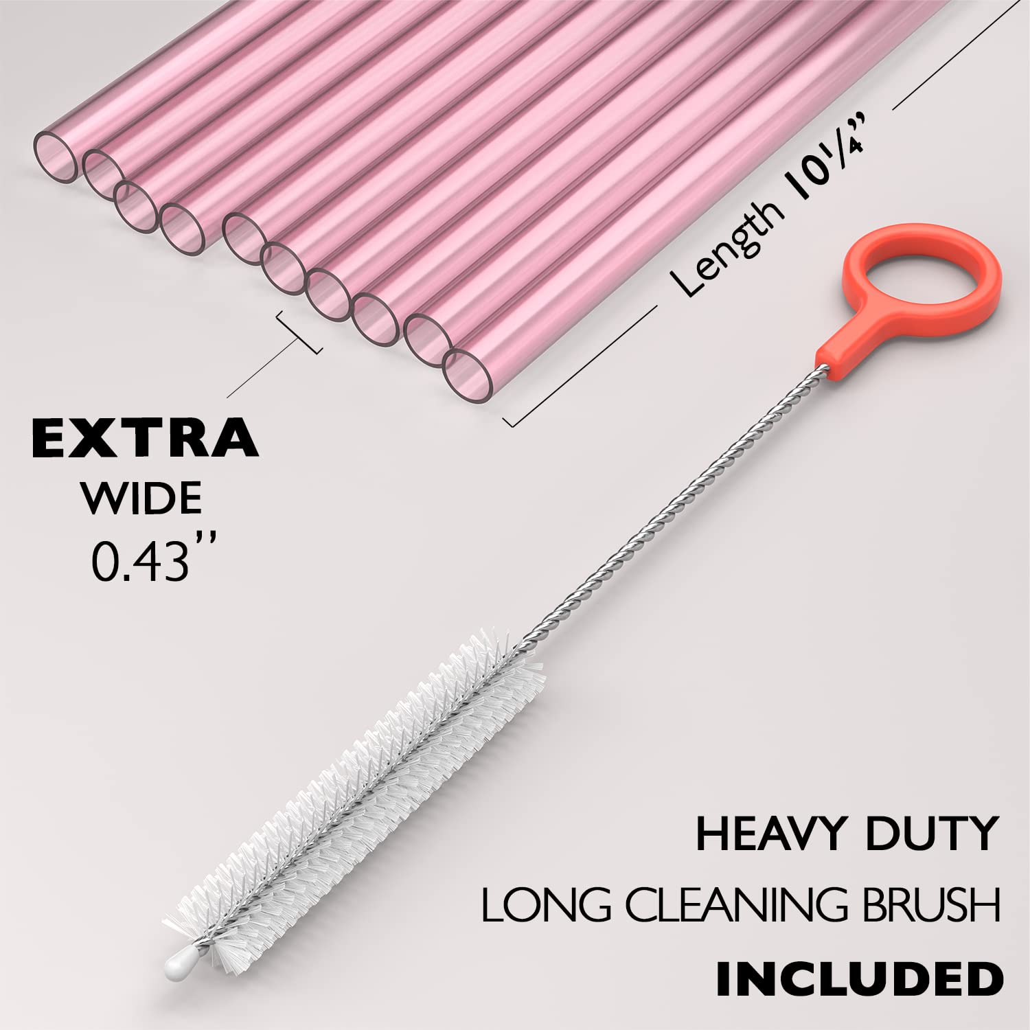 Fiesta First 10 Extra Wide Long Reusable Hard Pink Plastic Drinking Straws + Sturdy Cleaning Brush - Fat For Boba, Bubble Tea, L