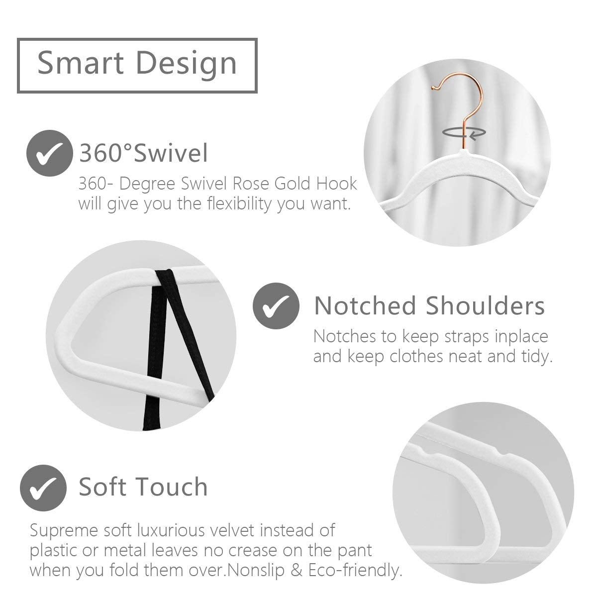 Mizgi Premium Velvet Hangers (60 Pack) Heavy Duty - Non Slip Felt Hangers - Velvet Suit Hangers White - Rose Gold Hooks,Space Sa