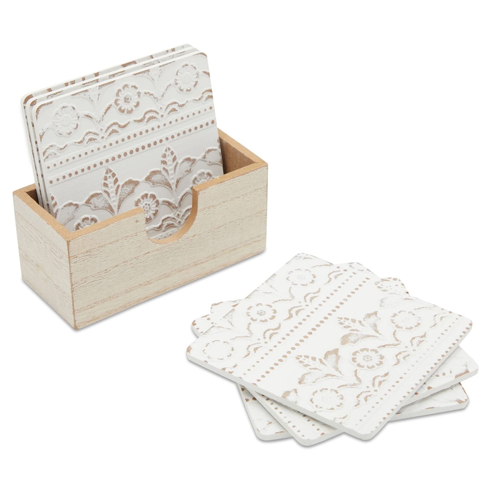 Set of 6 White Wooden Coasters with Holder for Drinks  Coffee Table  and Floral Farmhouse Decor (3.8 Inches)