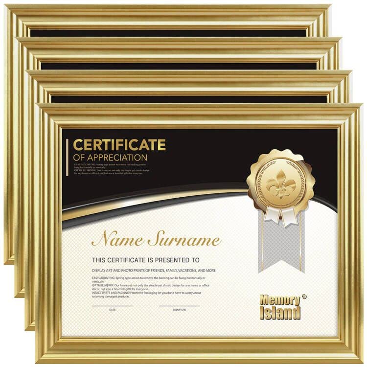 Memory Island 8.5x11 Diploma Document frames,Real Glass Fronts, 4 Pack Gold Certificate Frames for Wall Or Tabletop Display,Dipl