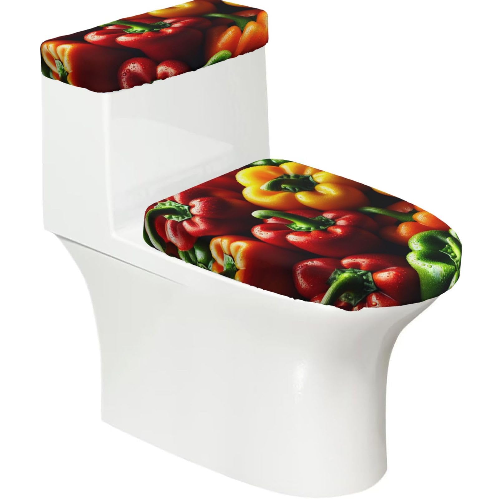 Augenstern Vibrant-Bell-Peppers Toilet Lid Cover and Tank Cover Set of 2, Stretch Soft Reusable Bathroom Toilet Seat Covers
