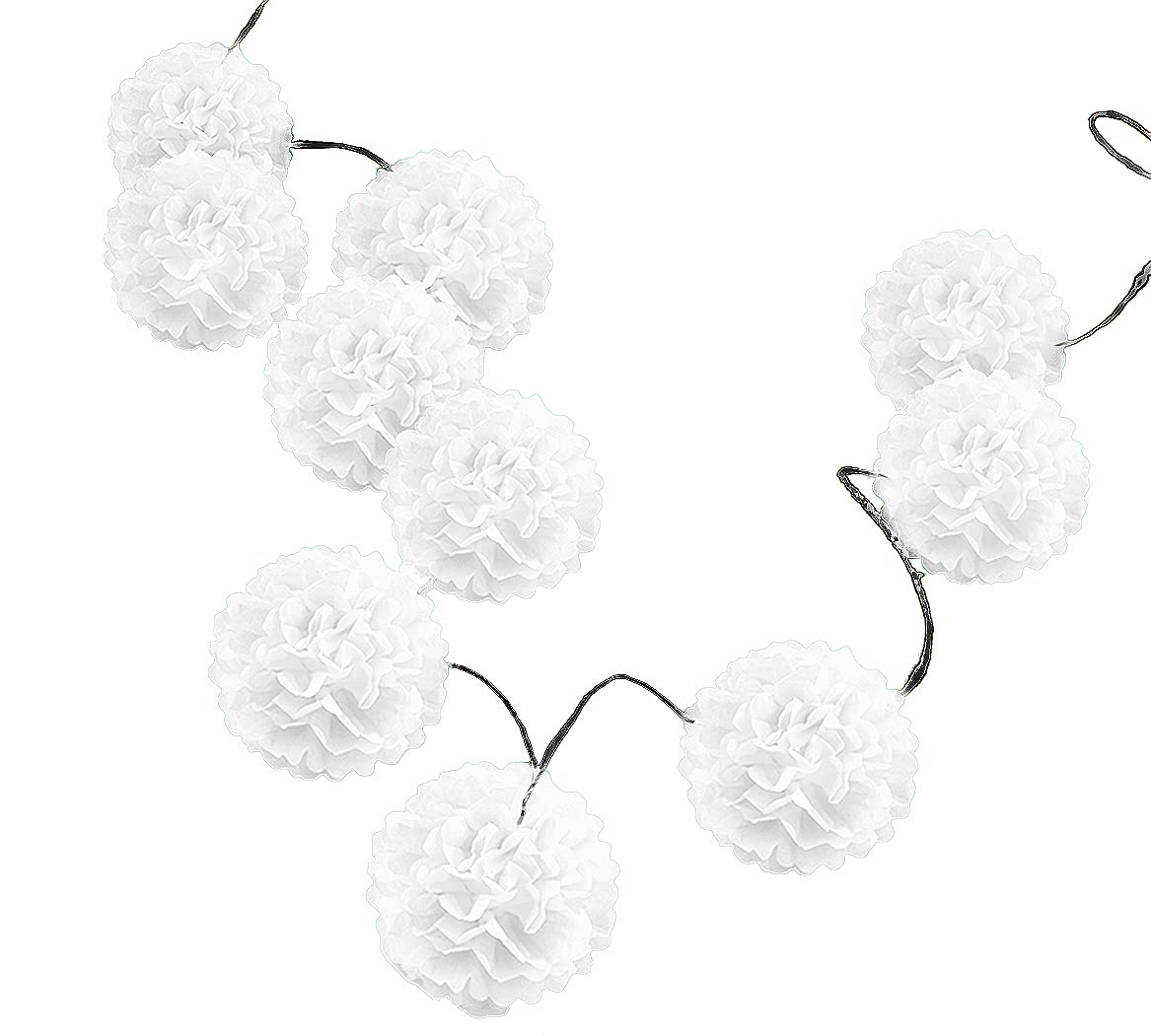 Pack Of 10 Tissue Paper Flower Ball Pom Pom Party Decoration Indoor Outdoor 6'' 8'' 10'' 12'' 14'' (White, 12'')