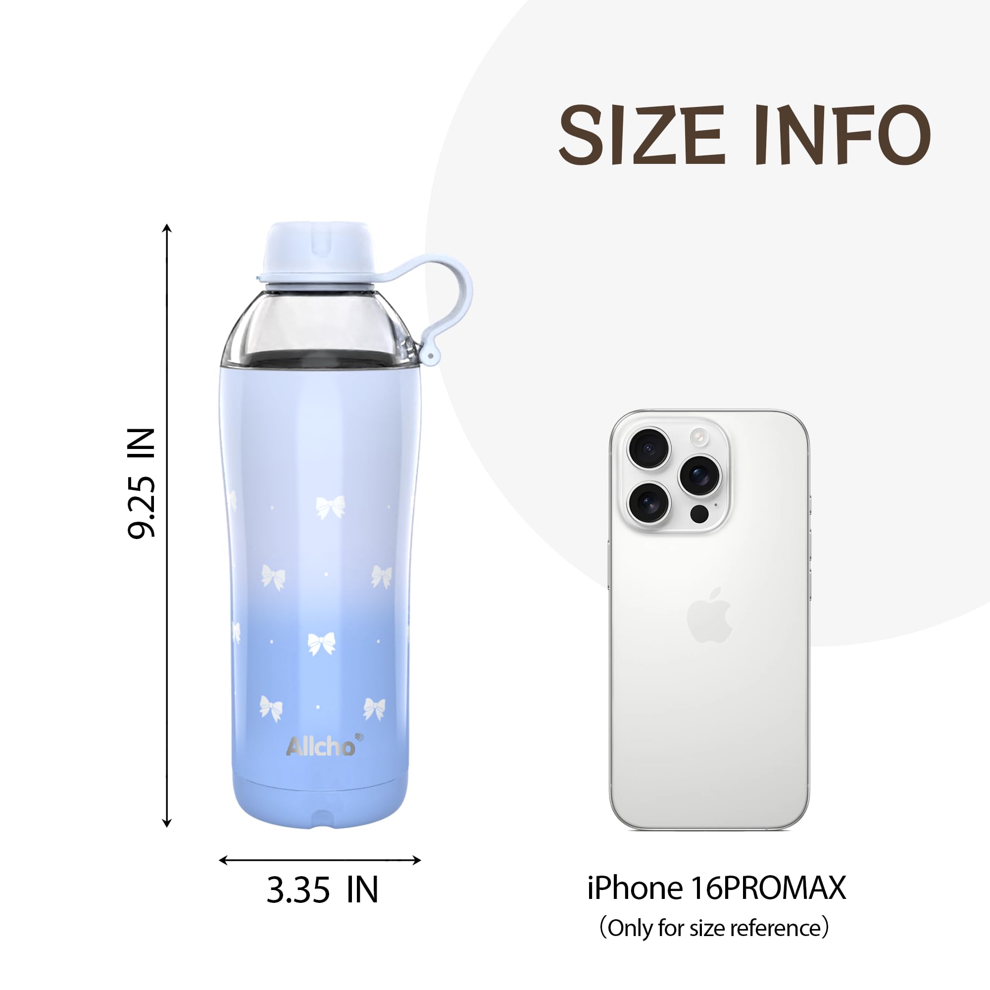 Allcho Bow Insulated Water Bottle for Women, 18 oz Stainless Steel Water Bottles, Double Walled, 2 Lids (Chug & Tumbler) - Hydra