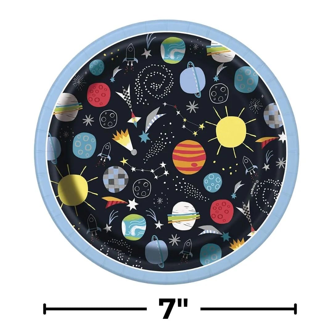Unique 7'' Round Dessert Paper Plates Outer Space | 8 Pcs, Multi