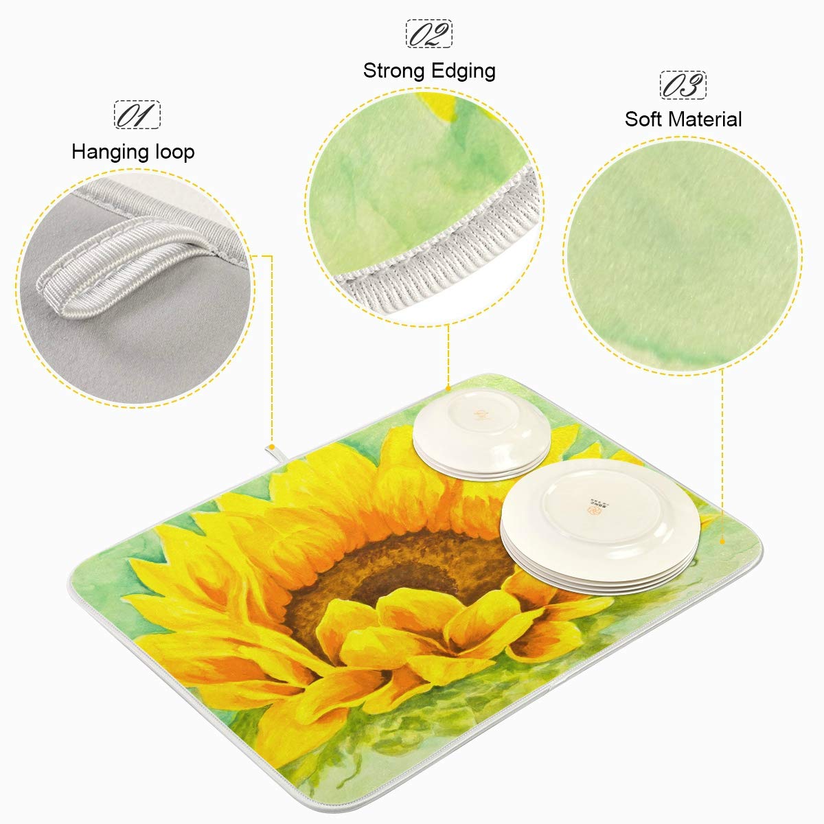Yellow And Orange Sunflower Dish Drying Mat For Kitchen, Absorbent Microfiber Drying Pad Dish Mat, 24'' X 18''