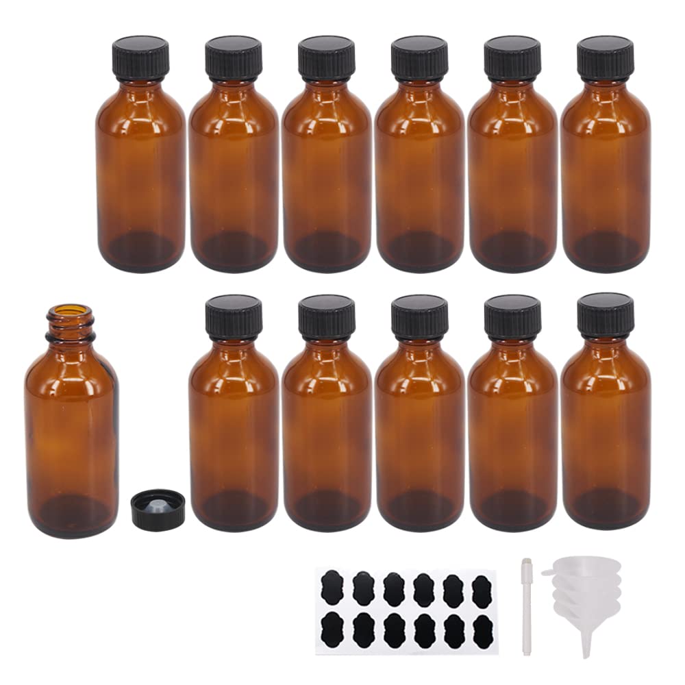 Bpfy 2 Oz 12 Pack Amber Boston Glass Bottle With Black Poly Cap, Funnel, Chalk Labels, Pen Dispensing Bottles For Homemade Vanil