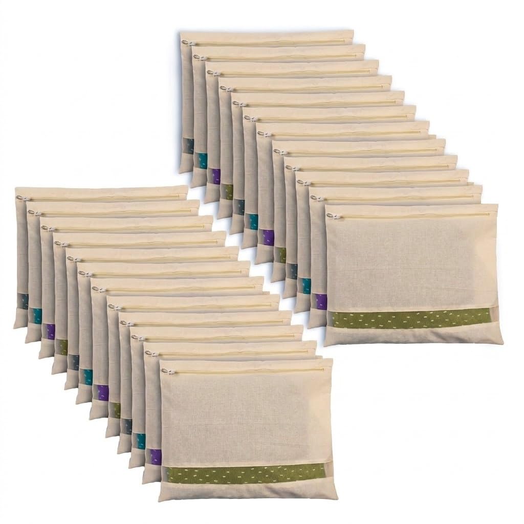 Saree Cover Bags (Set Of 24) With Zipper And Transparent Window, Breathable Cotton Canvas Linen Organizer Pouches For Saree Stor