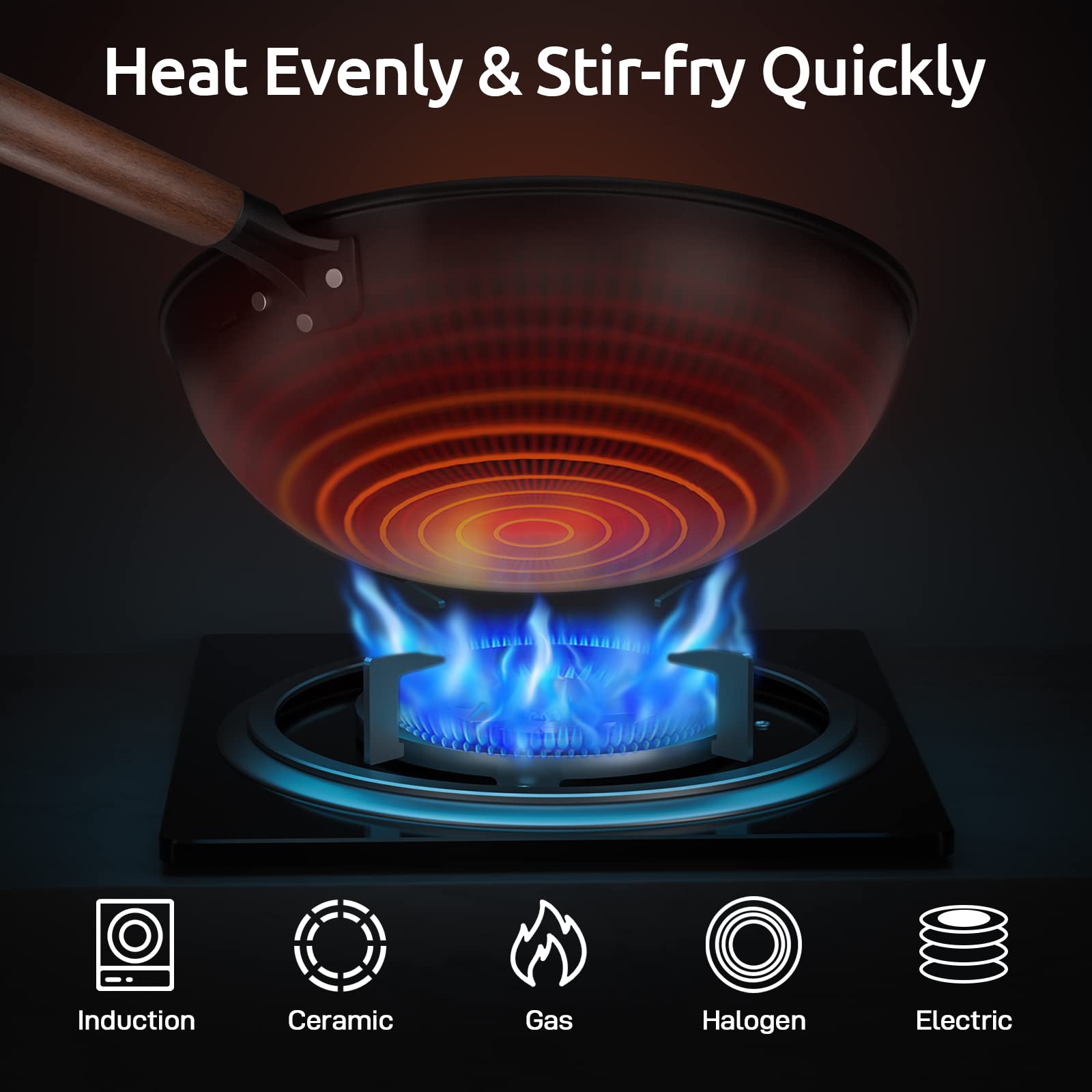 Todlabe Carbon Steel Wok, 13-Inch, Pre-Seasoned, Non-Stick, With Lid And Spatula, Flat Bottom, Ideal For Stovetop Cooking