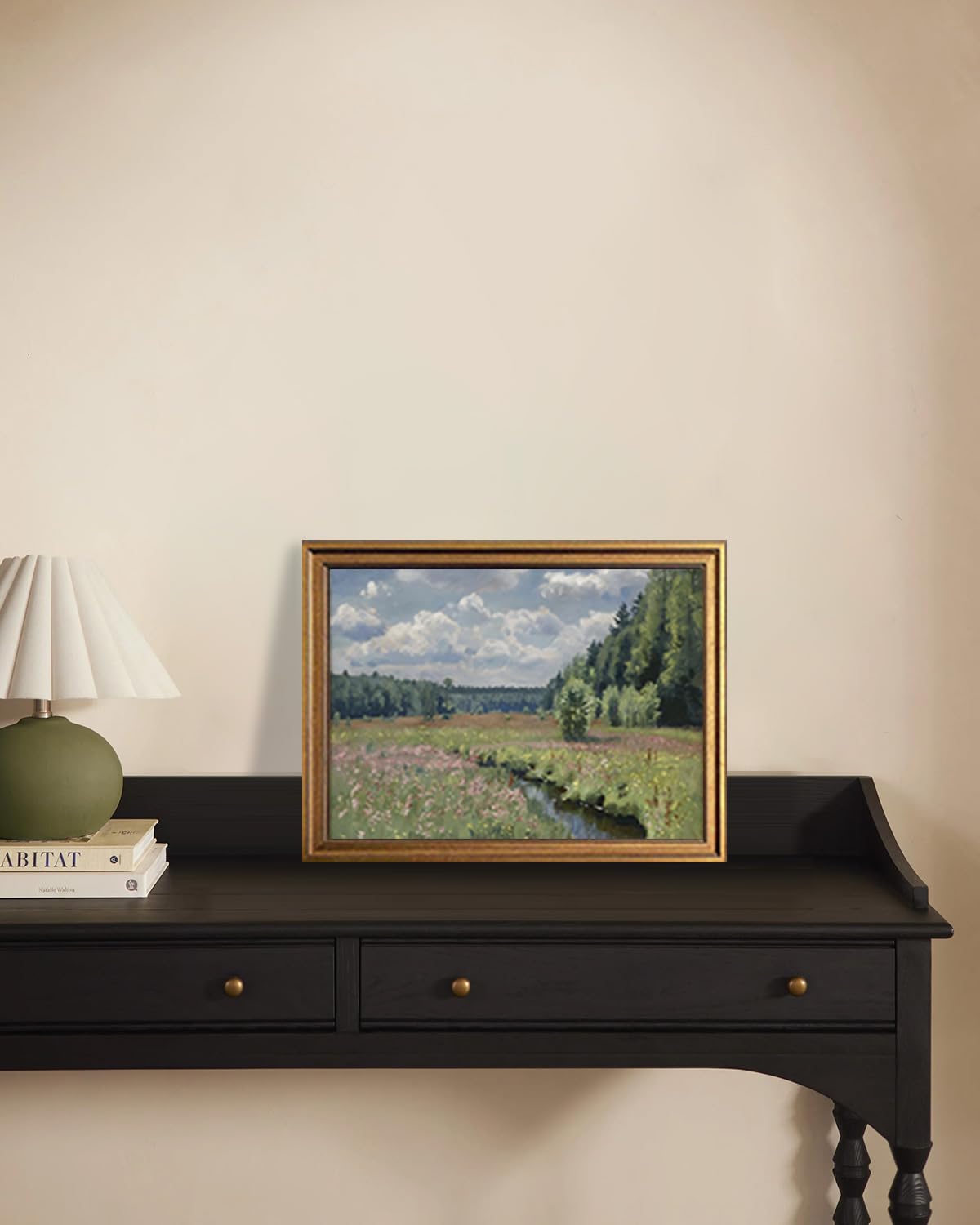 Kbkbart Gold Framed Vintage Wall Art Prints, Retro Muted Green Forest Nature Wilderness Illustrations Canvas Painting, Farmhouse