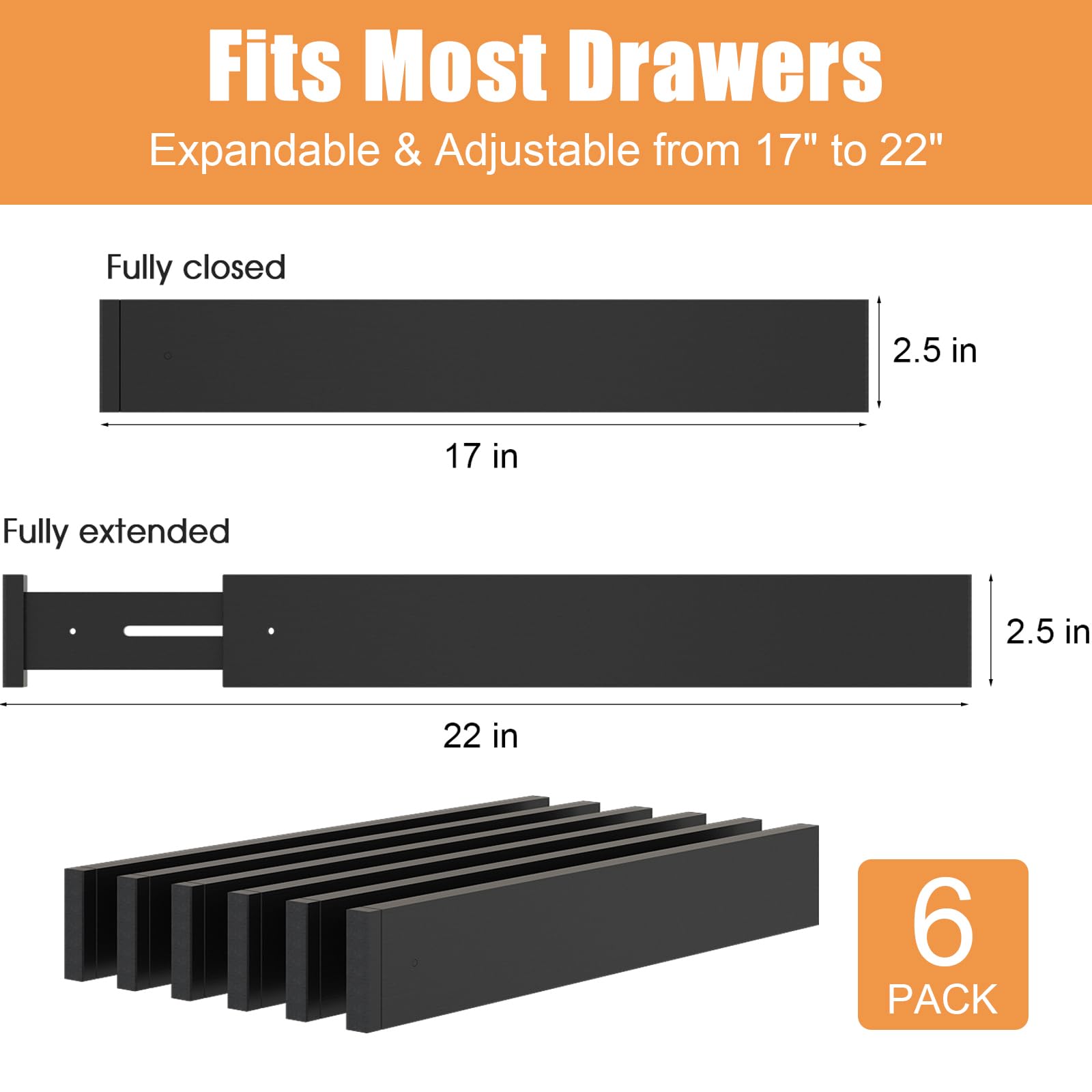 Ryqtop Bamboo Drawer Dividers,17-22'' Adjustable Kitchen Drawer Organizer for Clothes,6 Pack Expandable Drawer Organization Sepa