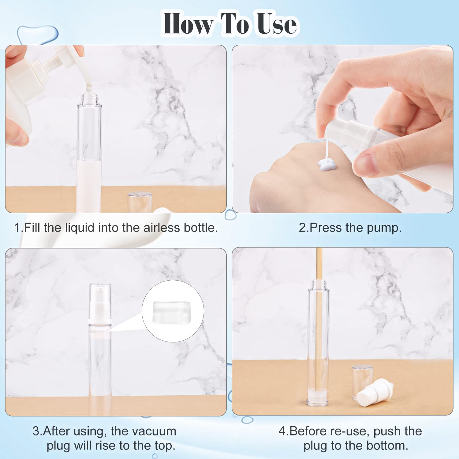 20Pcs 15Ml/0.5Oz Airless Pump Bottle Refillable Plastic Airless Vacuum Dispenser Portable Clear Cosmetic Sample Vial Container J