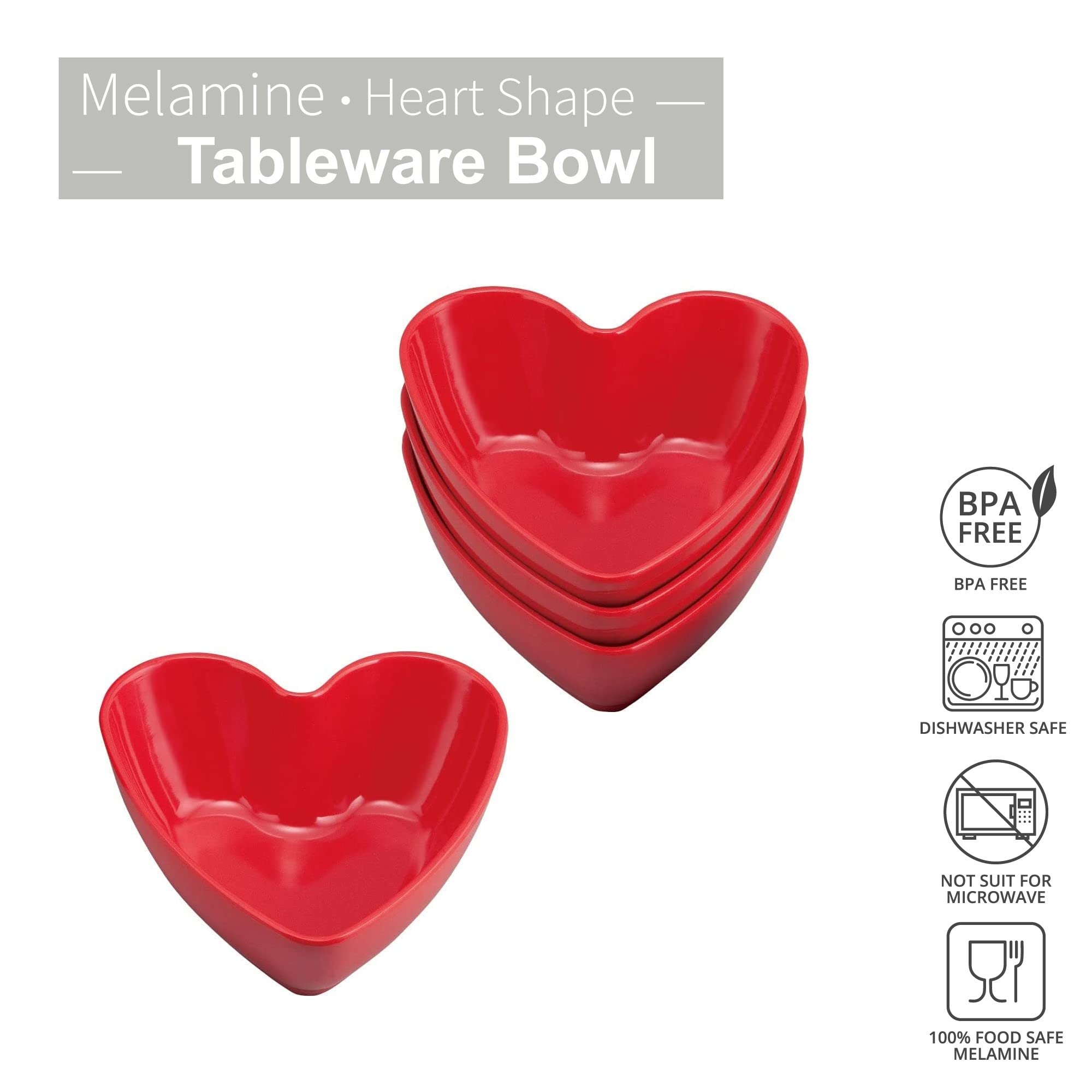 Upware 4-Piece 4.75 Inch Melamine Dessert Bowls Appetizer Dinner Bowls Small Serving Bowls Party Bowls Heart Shaped Bowl For Des