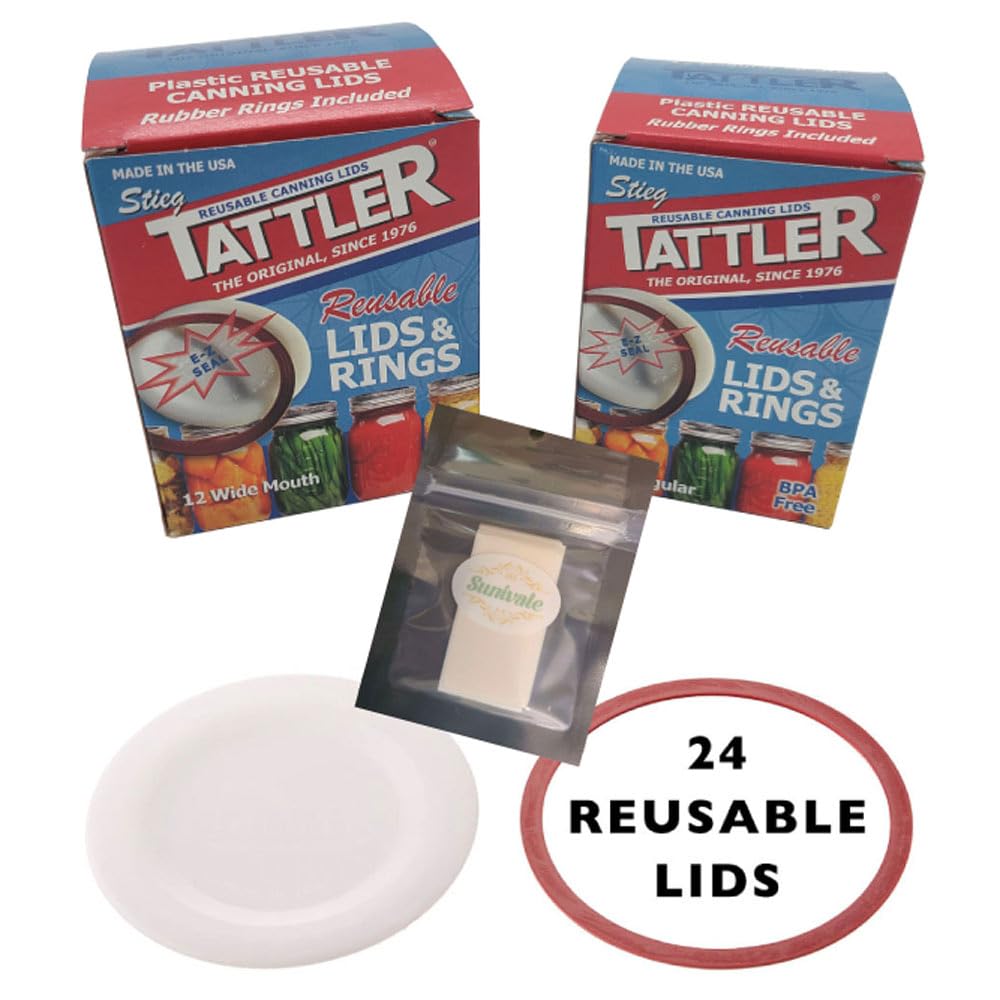 Reusable Canning Lids Bundle Includes 12 Wide And 12 Regular Mouth Tattler Lids And Rings And 24 Dissolvable Sunivale Jar Labels