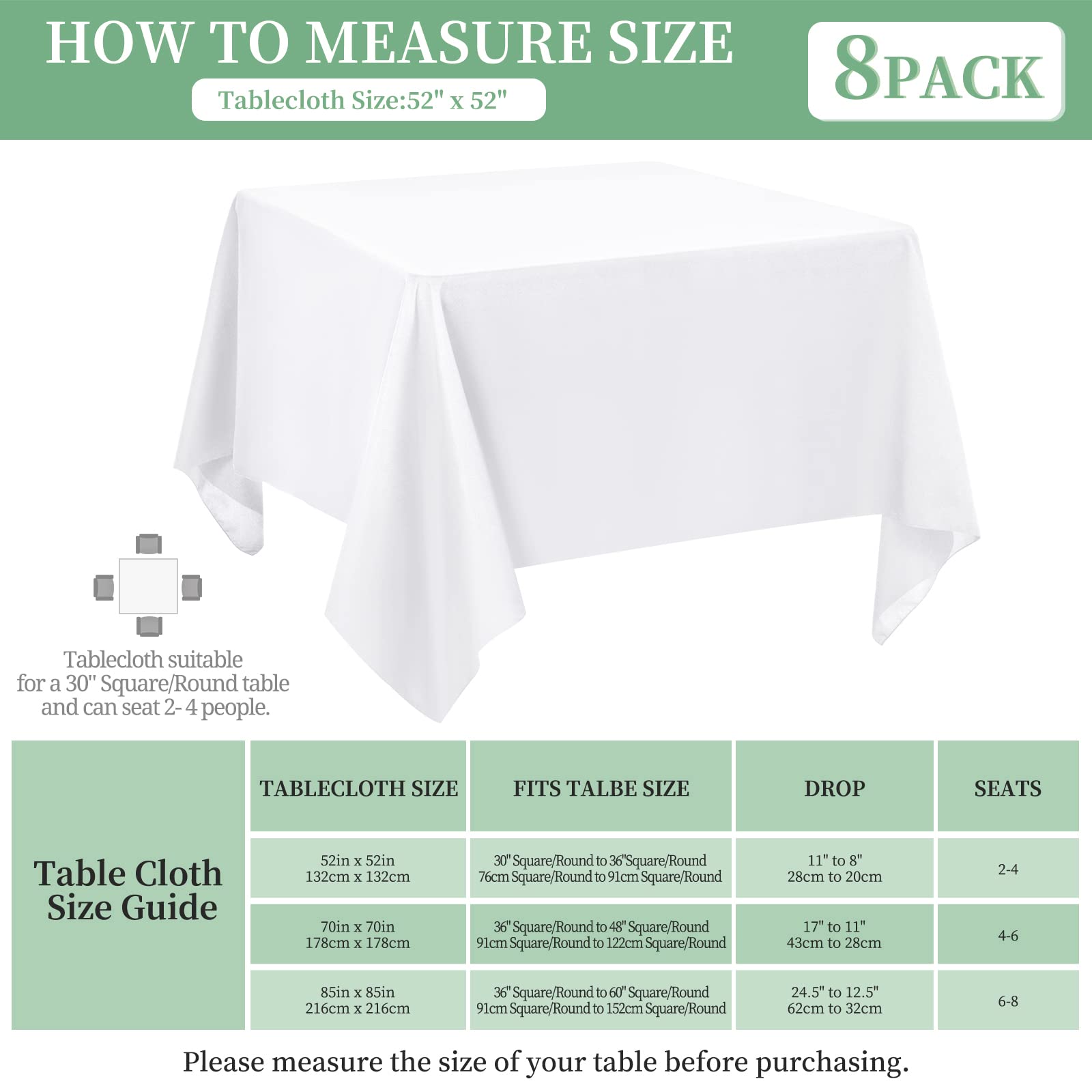 Fxks 8 Pack White Polyester Tablecloth 52 X 52 Inch Square Table Cloth For Square Or Round Tables, Washable Stain And Wrinkle Re