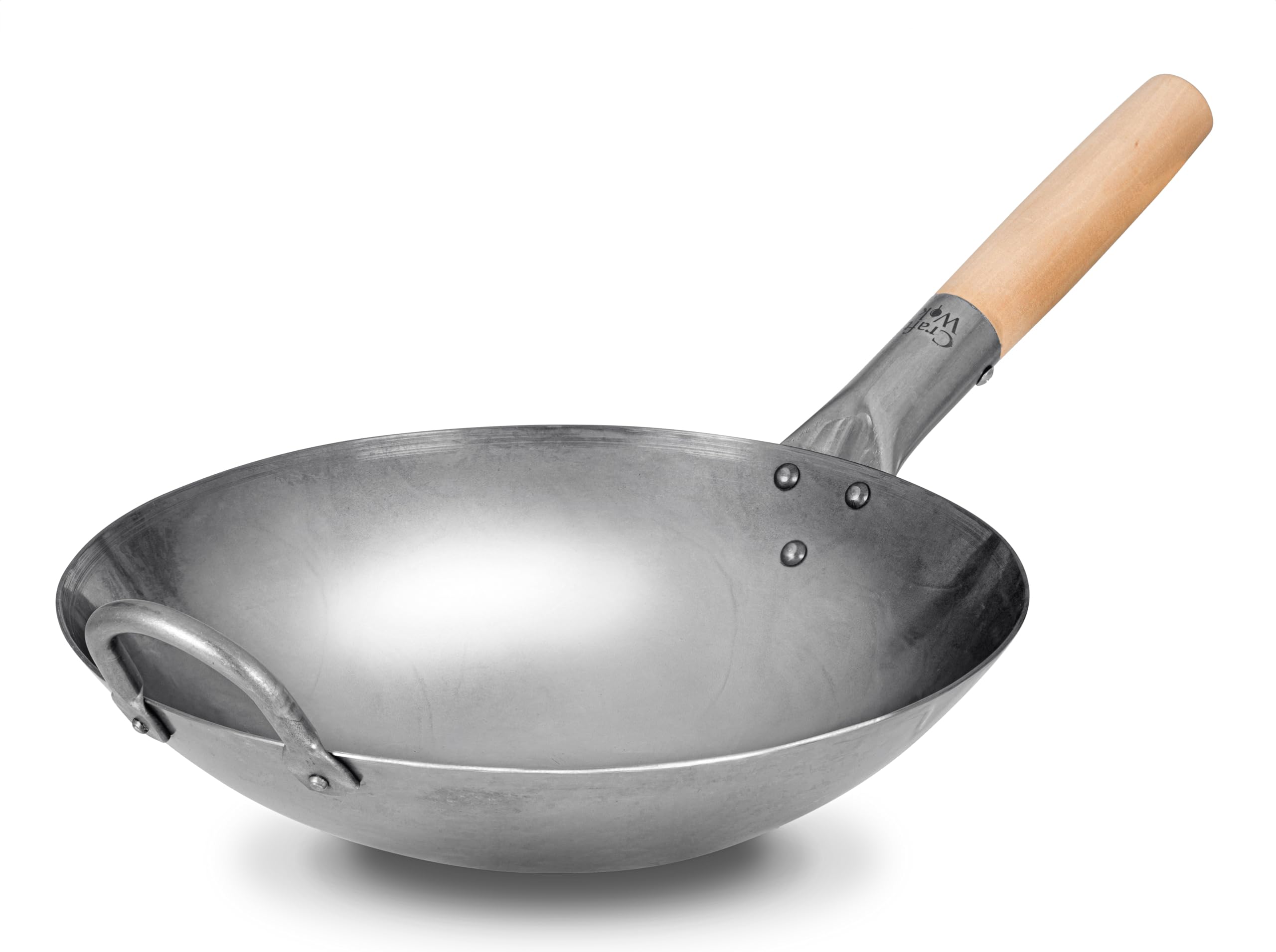 Craft Wok Traditional Hand Hammered Chinese Carbon Steel Wok with Wooden and Steel Helper Handle (12 Inch, Round Bottom Pow Wok 