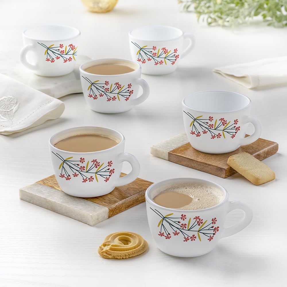 Larah By Borosil Silk Series Red Bud Opalware Tea/Coffee Cups Set Of 6 Pcs 140 Ml Each | Microwave & Dishwasher Safe, Bone-Ash F
