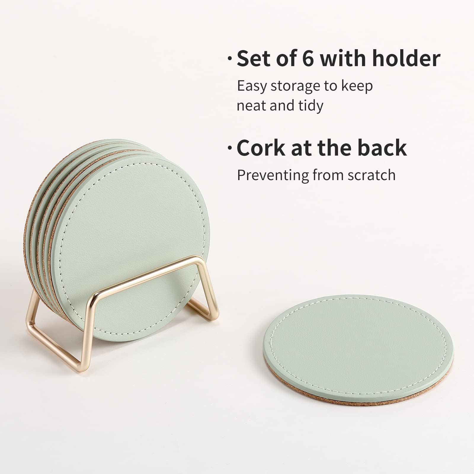 Casegrace Drink Coasters With Metal Holder Stand Set Of 6, Pu Leather Absorbent Coasters With Cork Base Table Coaster Set Decora