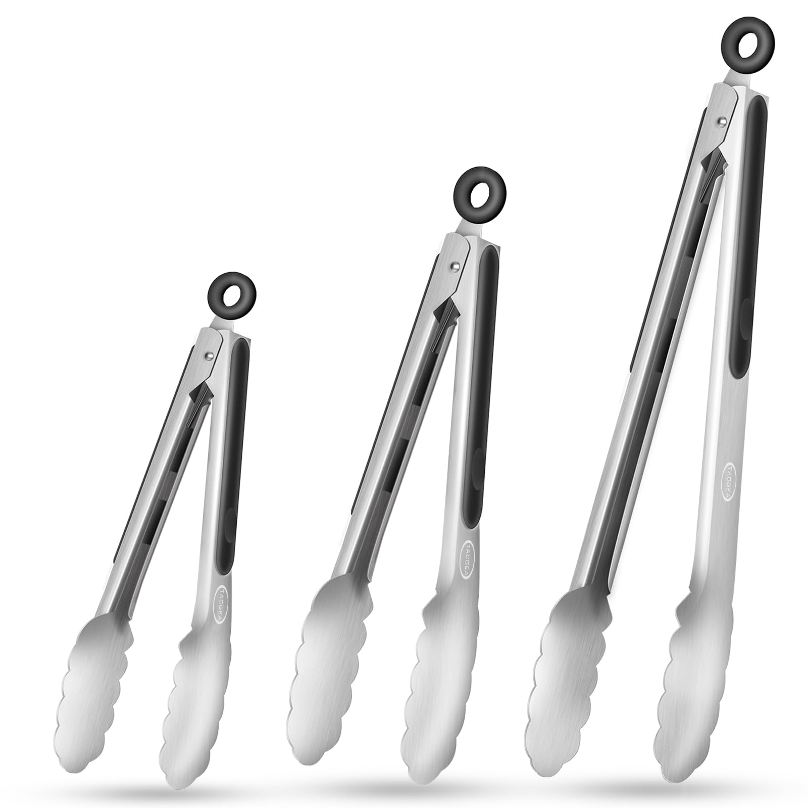 TACGEA Stainless Steel Kitchen Tongs, Silicone Non-slip Grip, Locking Grilling Food Tongs Set of 3-7inch, 9inch and 12inch