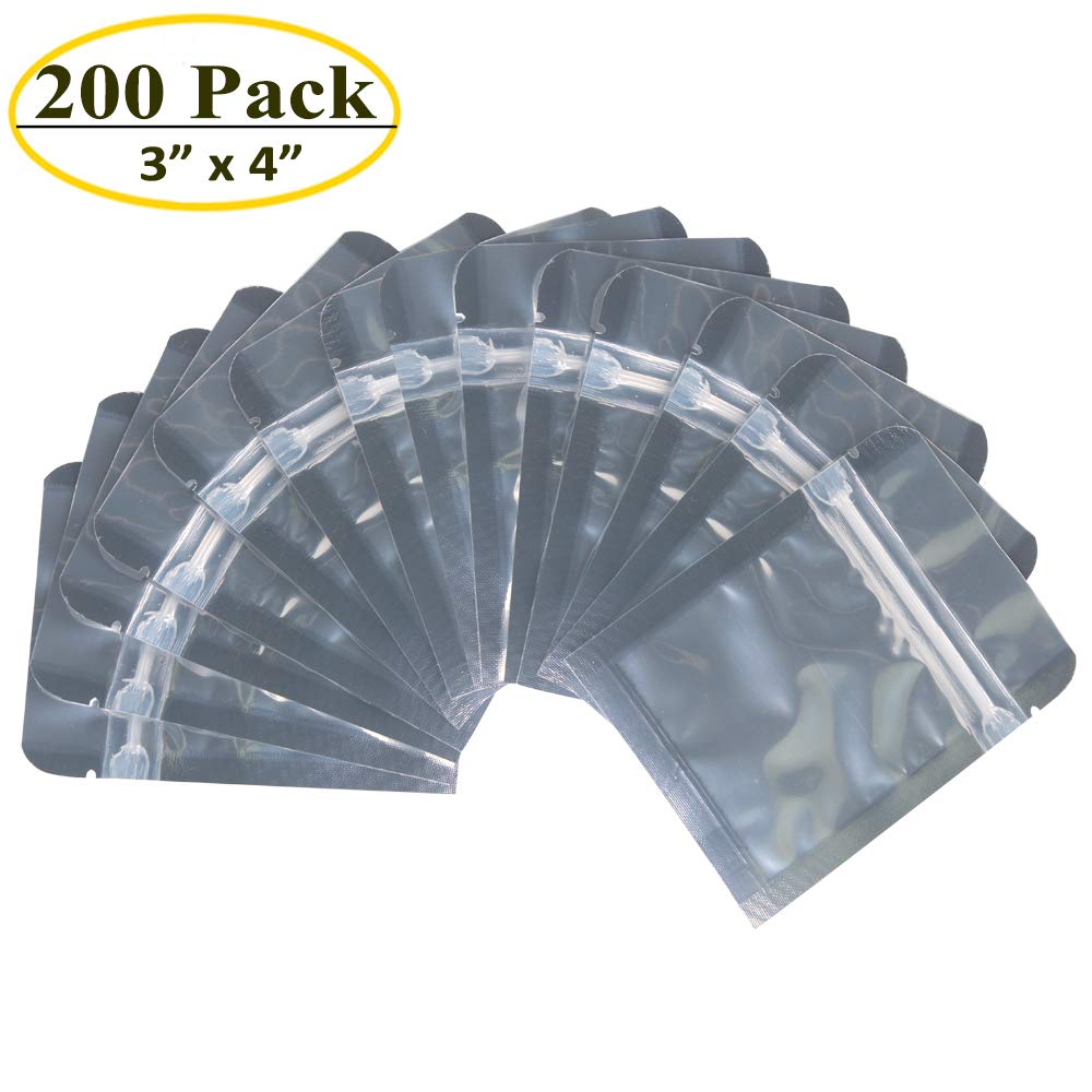 Belinlen 200 Pack 3 X 4 Inch Ziplock Mylar Bags Resealable Clear Silver Bags Reusable Food Storage Aluminum Foil Pouch Bags For