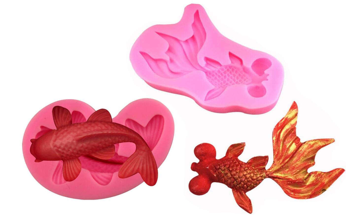 2Pcs/Set Koi Fish & Goldfish Fondant Mold For Clay,Cake,Chocolate,Cupcake,Handcraft Diy,Resin