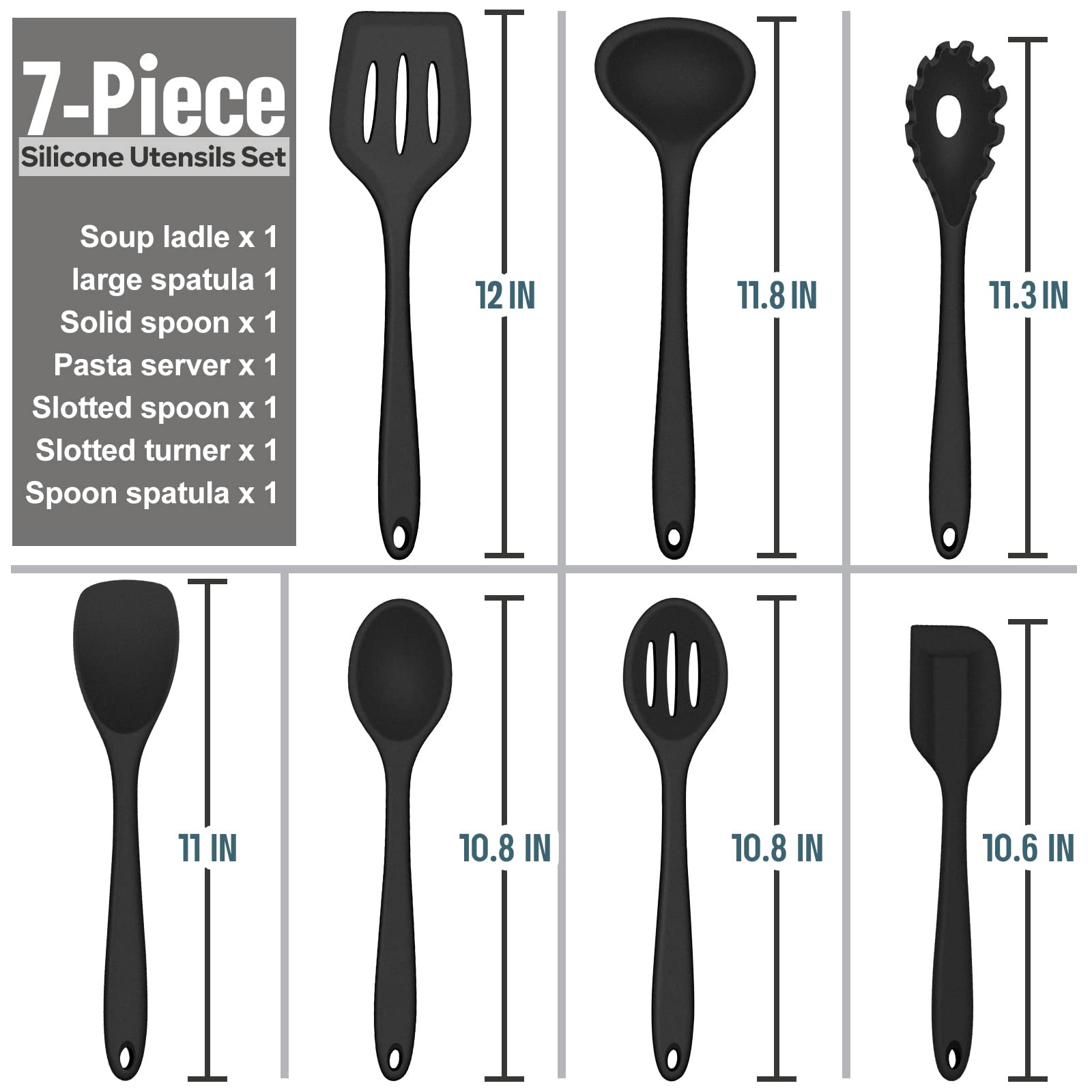 E-Far Silicone Cooking Utensils Set, 7-Piece Black Heat Resistant Kitchen Utensils Set, Kitchen Nonstick Tools Spatula Ladle Spo