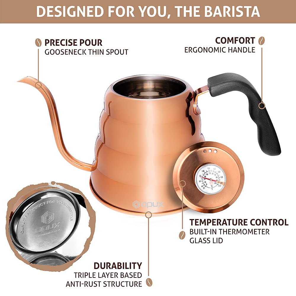 Opux Pour Over Coffee Kettle With Gooseneck | Stainless Steel Coffee Tea Kettle With Thermometer 40 Oz, Stovetop Induction Goose