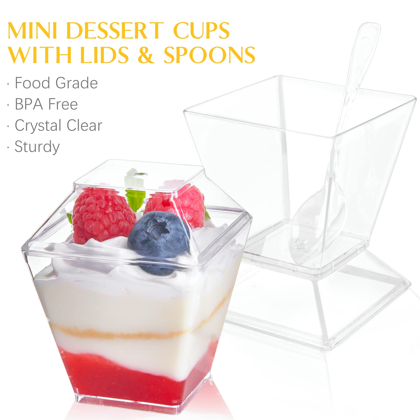 Qeirudu 50 Pack 3.5 Oz Mini Dessert Cups With Lids And Spoons - Parfait Cups With Lids Plastic Square Shooter Cups For Party App