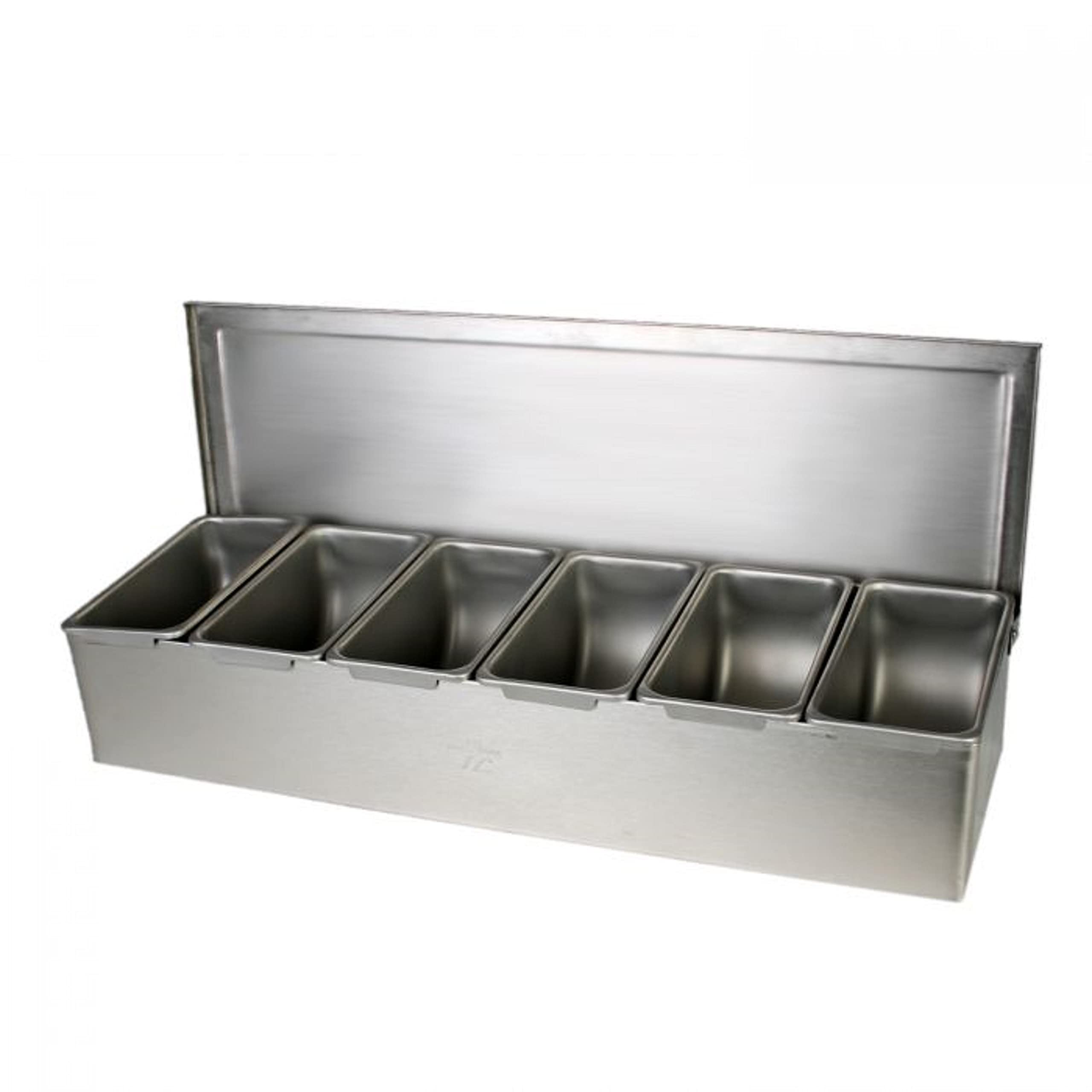Truecraftware- 6 Compartment Stainless Steel Condiment Bar (Open Bottom)- Condiment Dispenser Serving Container Garnish Tray Bar