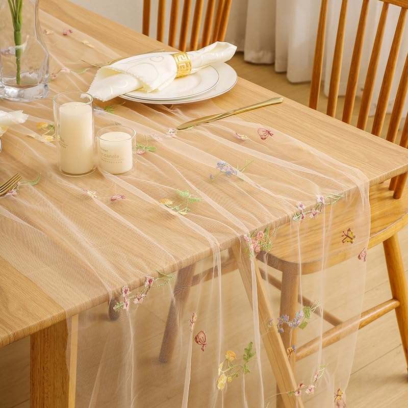 1Piece Floral Lace Embroidered Gauze Table Runner, 30X180Cm