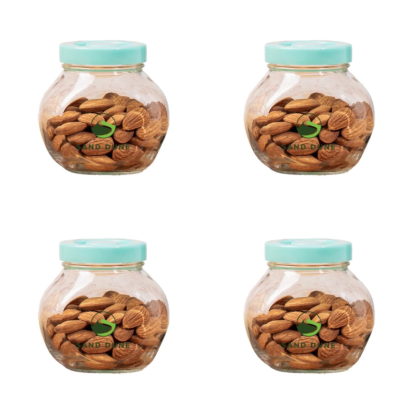 Sand Dune Set Of 4, 200 Ml Each Storage Glass Jar Green Plastic Cap, Transparent | Bpa Free | Storage Jar Containers/Barni For K