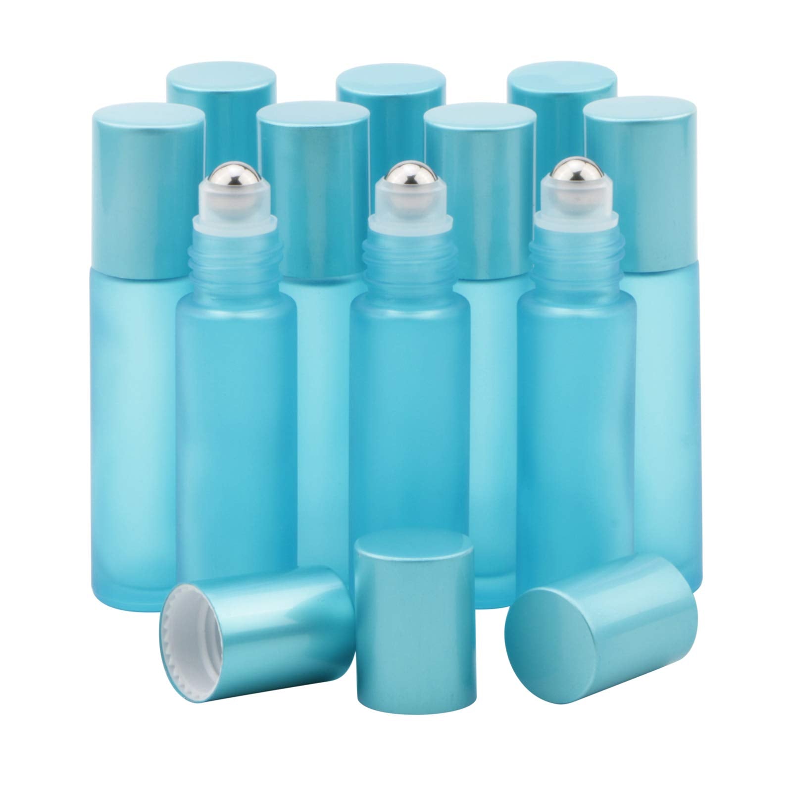 Kesell Glass Roller On Bottle, 10Ml Refillable Essential Oil Bottle With Stianless Steel Ball, Pack Of 10 (Light Blue)