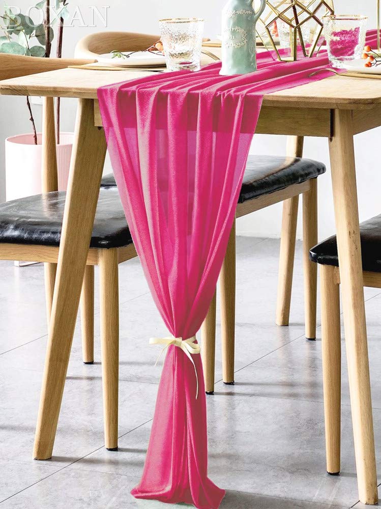 Boxan 30X120 Inch Fuchsia Sheer Table Runner - Boho Romantic Tablecloth For 6 Foot Table In Washable Polyester - Great For Buffe